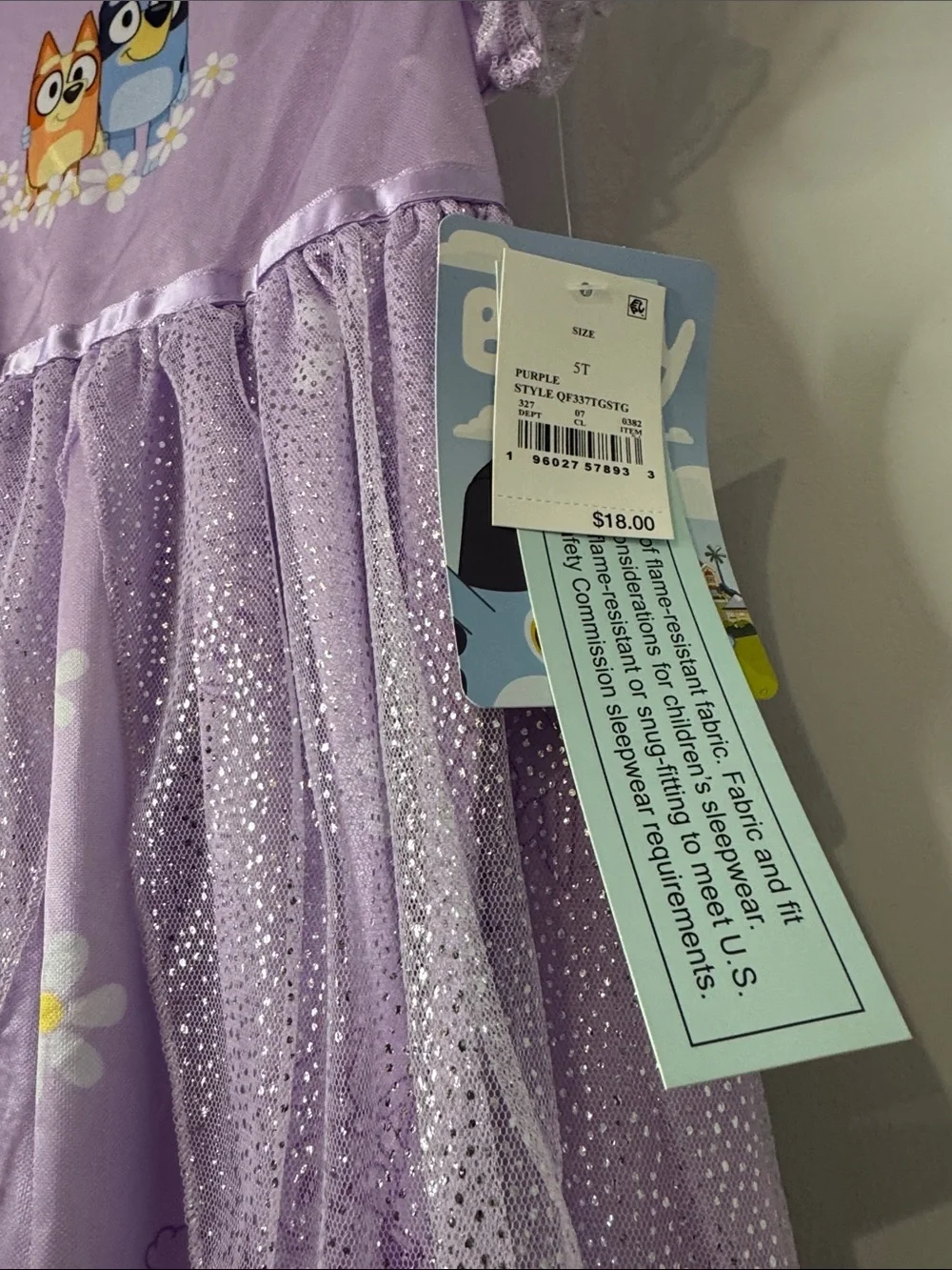 Bluey Purple Sparkle Tulle Nightgown Toddler Girls Size 5T New NWT